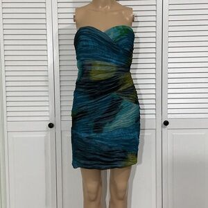 BCBGMaxAzria Strapless Teal, Blue & Green Ruched Cocktail Dress